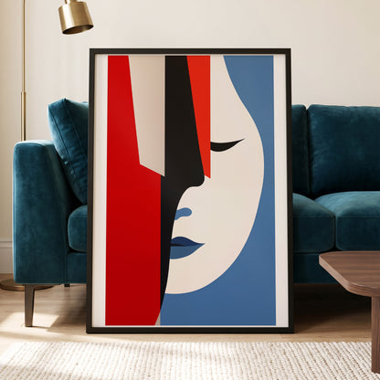 Scarlet Veil, red, blue, beige minimalist wall art displayed in a styled interior, gallery view 6