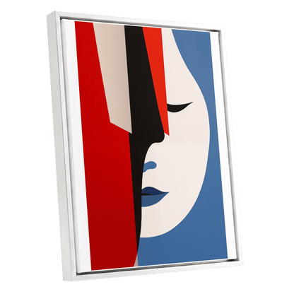 Scarlet Veil, red, blue, beige minimalist wall art shown as a white framed canvas wall art