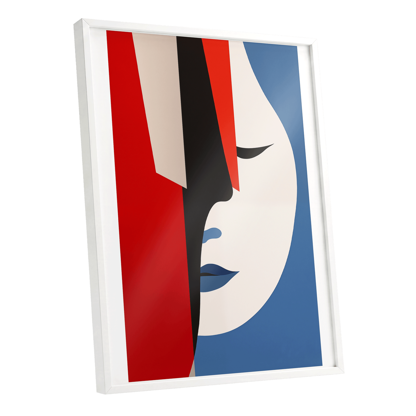 Scarlet Veil, red, blue, beige minimalist wall art shown as a white framed poster wall art print