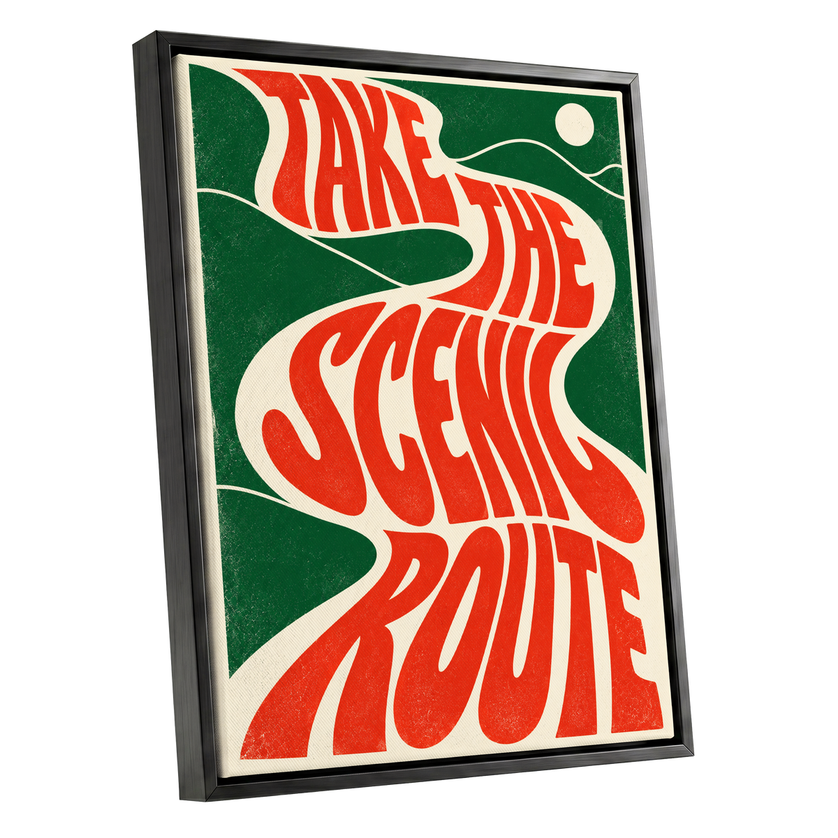 Scenic Route Rhythm, red, green, beige abstract wall art shown as a black framed canvas wall art