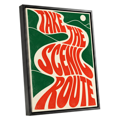Scenic Route Rhythm, red, green, beige abstract wall art shown as a black framed canvas wall art