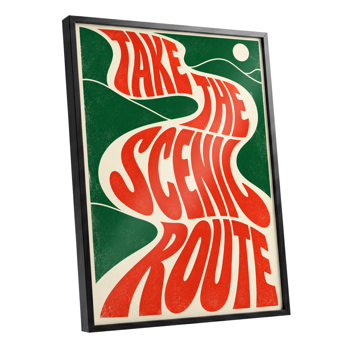 Scenic Route Rhythm, red, green, beige abstract wall art shown as a black framed poster wall art print