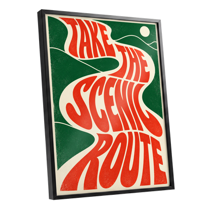 Scenic Route Rhythm, red, green, beige abstract wall art shown as a black framed poster wall art print