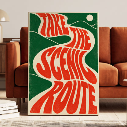 Scenic Route Rhythm, red, green, beige abstract wall art on canvas displayed in a styled interior, gallery view 1