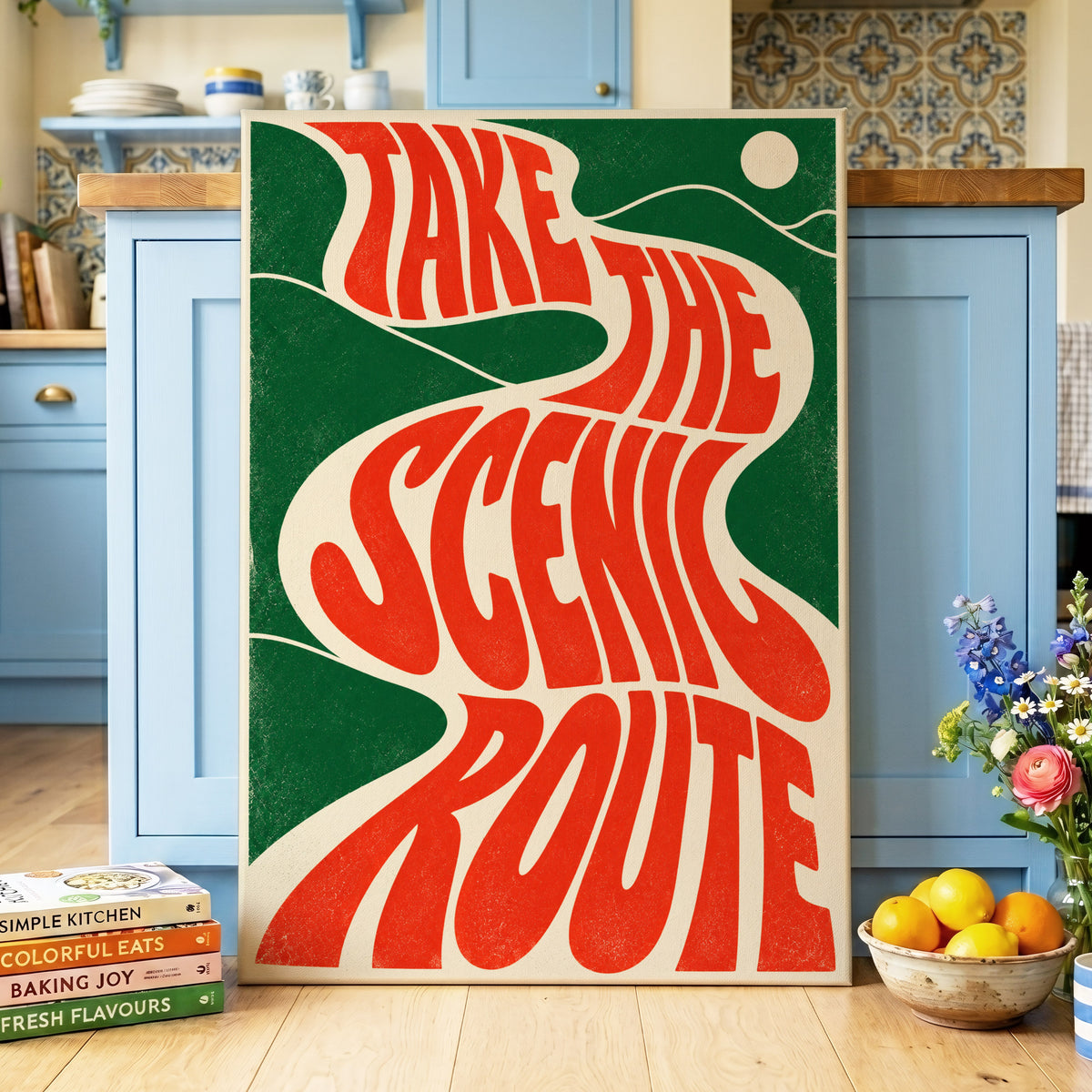 Scenic Route Rhythm, red, green, beige abstract wall art on canvas displayed in a styled interior, gallery view 2