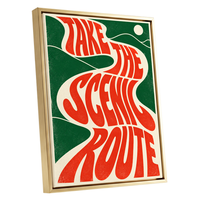 Scenic Route Rhythm, red, green, beige abstract wall art shown as a gold framed canvas wall art
