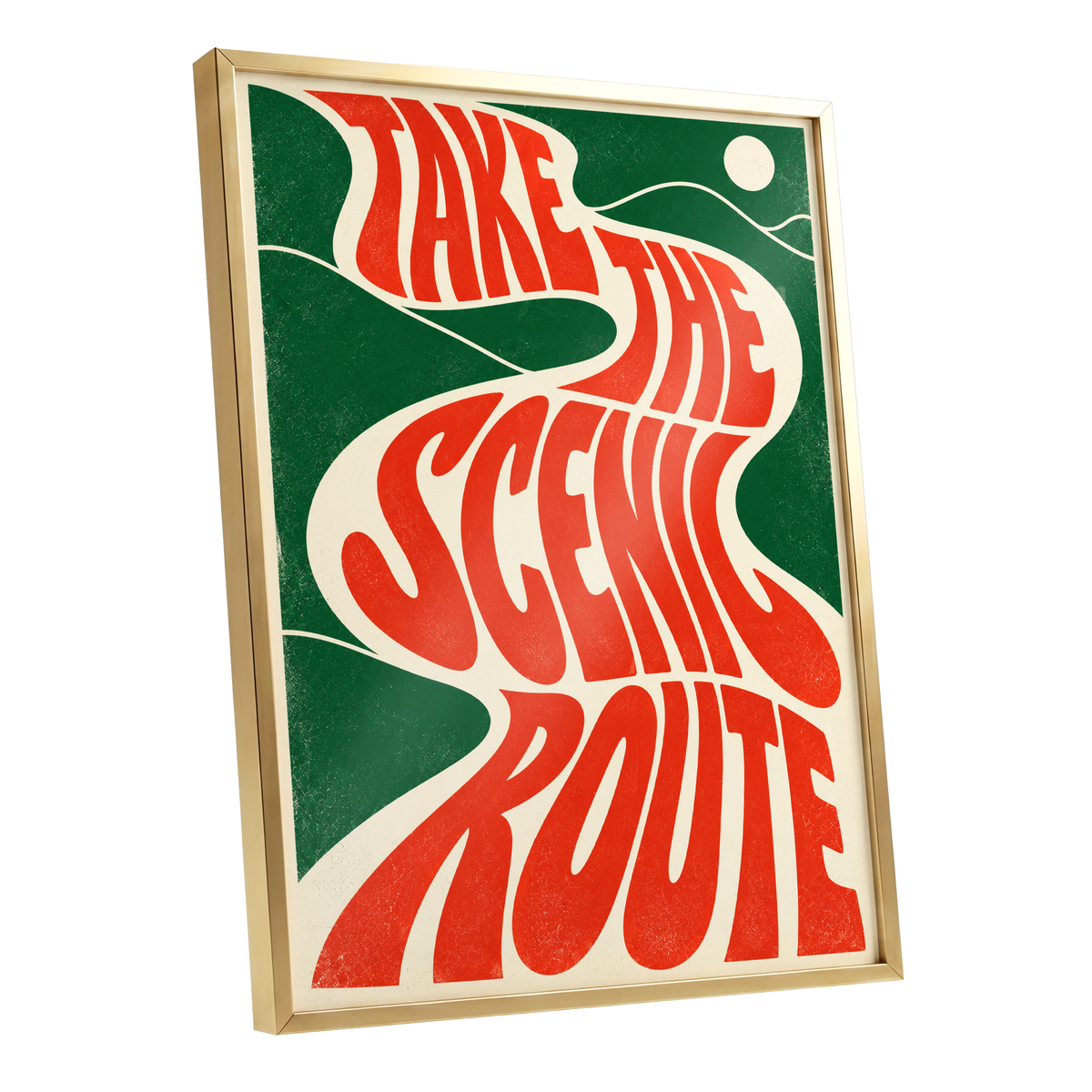 Scenic Route Rhythm, red, green, beige abstract wall art shown as a gold framed poster wall art print