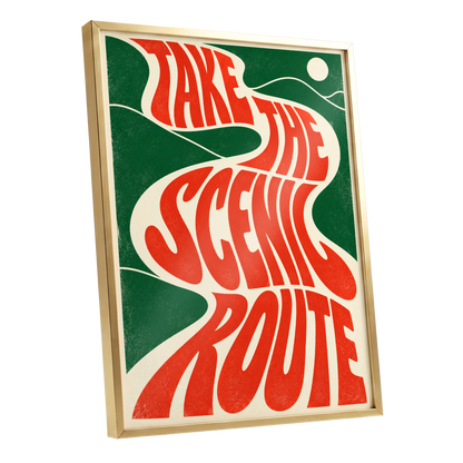 Scenic Route Rhythm, red, green, beige abstract wall art shown as a gold framed poster wall art print