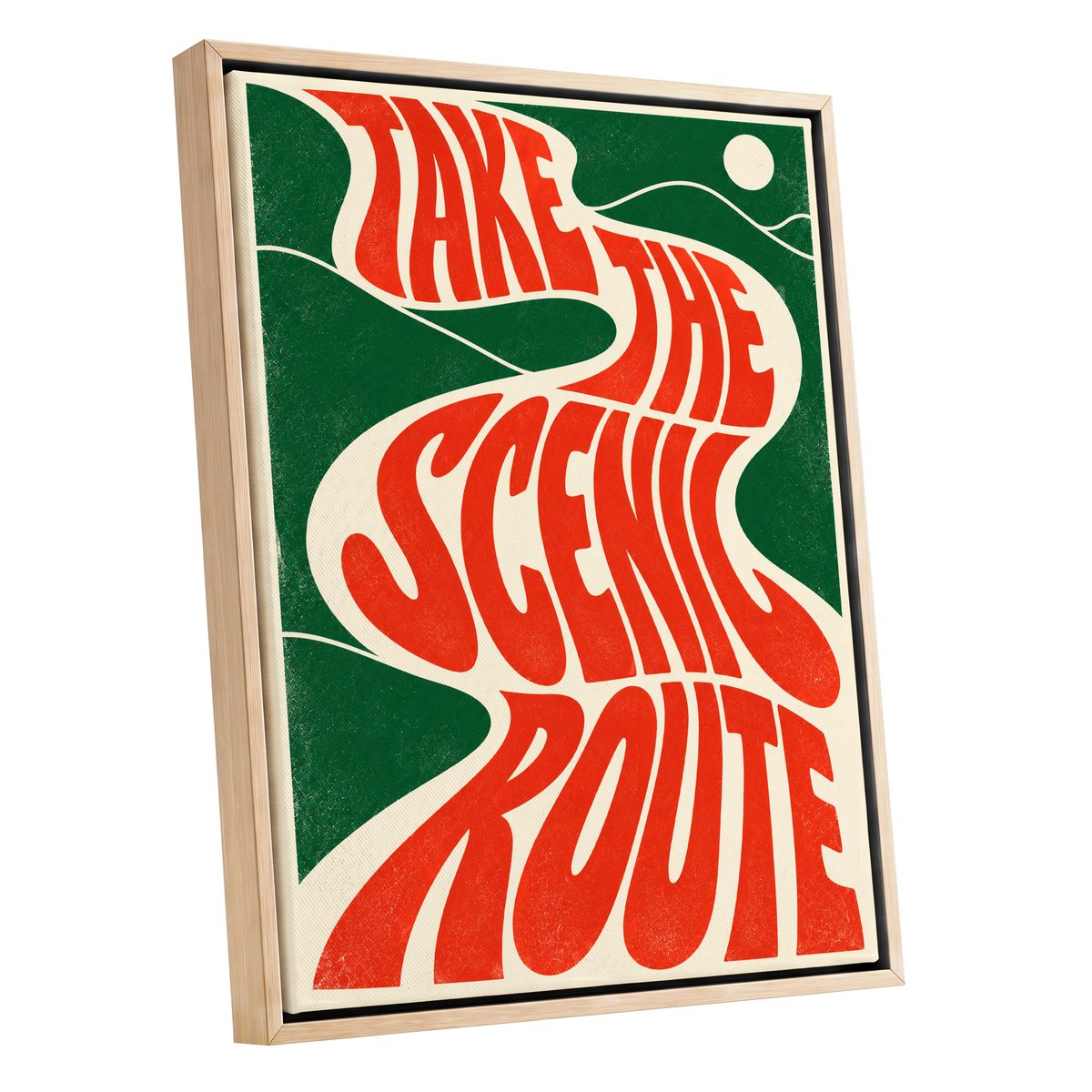 Scenic Route Rhythm, red, green, beige abstract wall art shown as a oak framed canvas wall art
