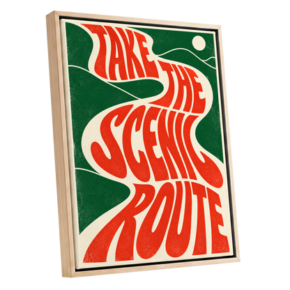 Scenic Route Rhythm, red, green, beige abstract wall art shown as a oak framed canvas wall art
