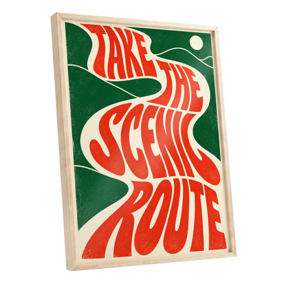 Scenic Route Rhythm, red, green, beige abstract wall art shown as a oak framed poster wall art print
