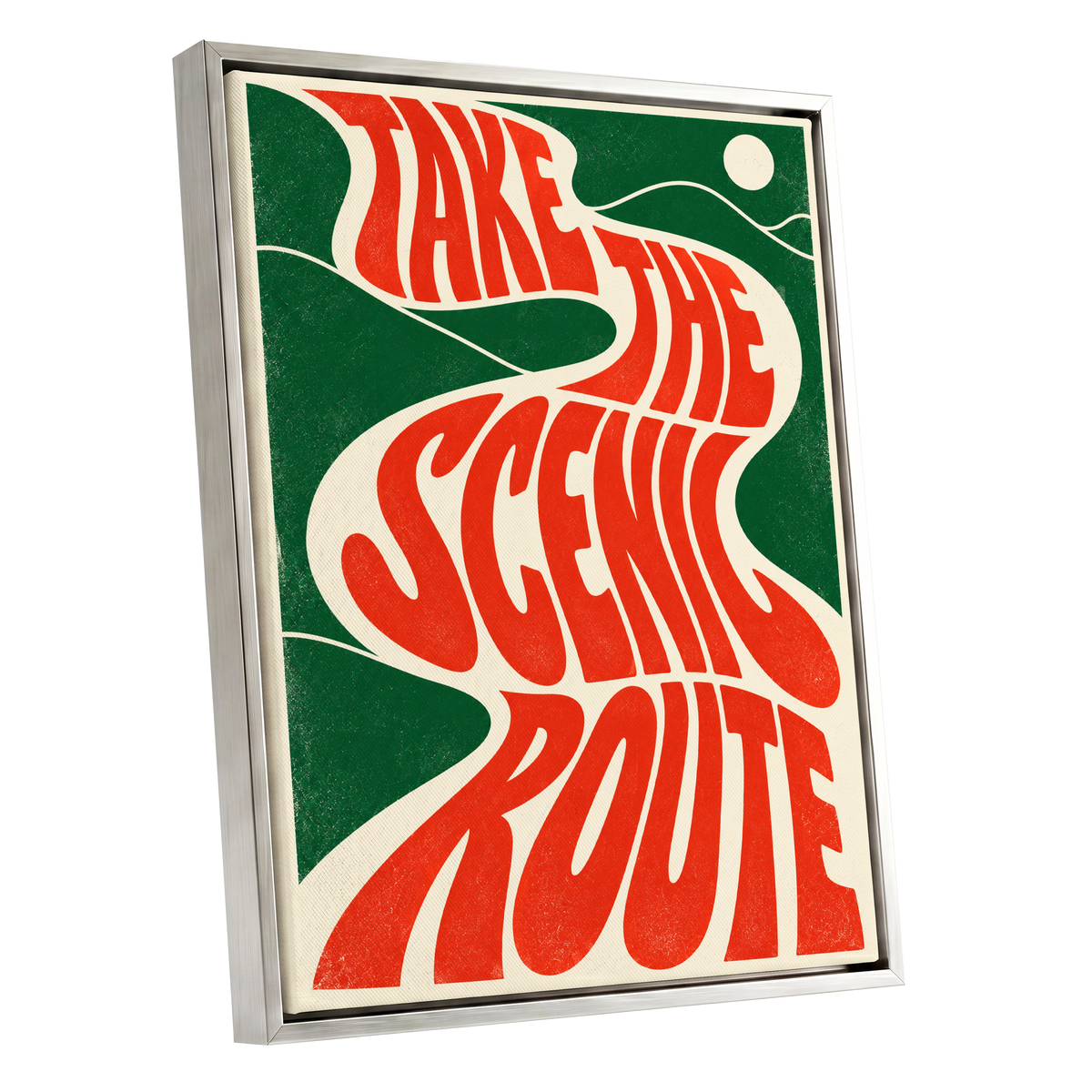 Scenic Route Rhythm, red, green, beige abstract wall art shown as a silver framed canvas wall art