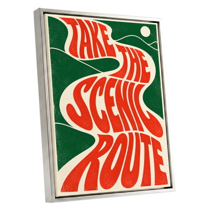 Scenic Route Rhythm, red, green, beige abstract wall art shown as a silver framed canvas wall art