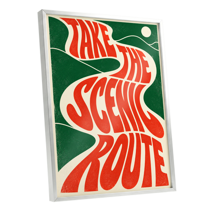 Scenic Route Rhythm, red, green, beige abstract wall art shown as a silver framed poster wall art print