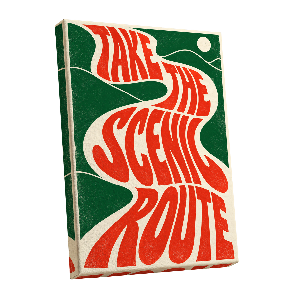 Scenic Route Rhythm, red, green, beige abstract wall art shown as a stretched canvas wall art