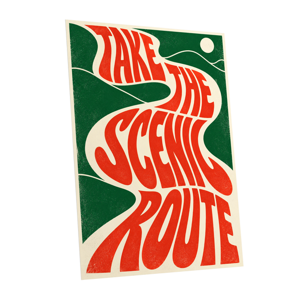 Scenic Route Rhythm, red, green, beige abstract wall art shown as a unframed poster wall art print