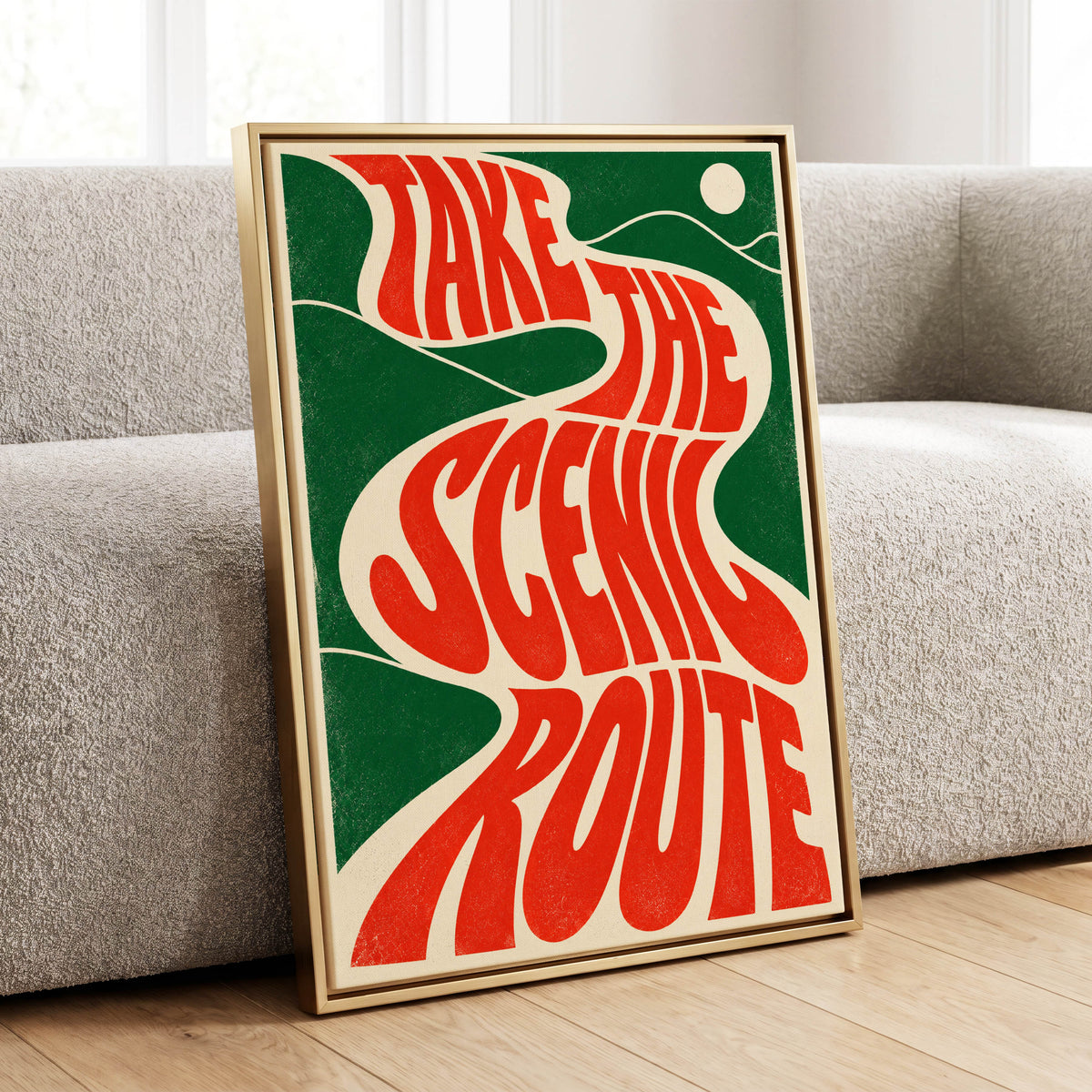 Scenic Route Rhythm, red, green, beige abstract wall art displayed in a styled interior, gallery view 1