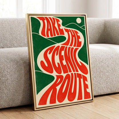 Scenic Route Rhythm, red, green, beige abstract wall art displayed in a styled interior, gallery view 1