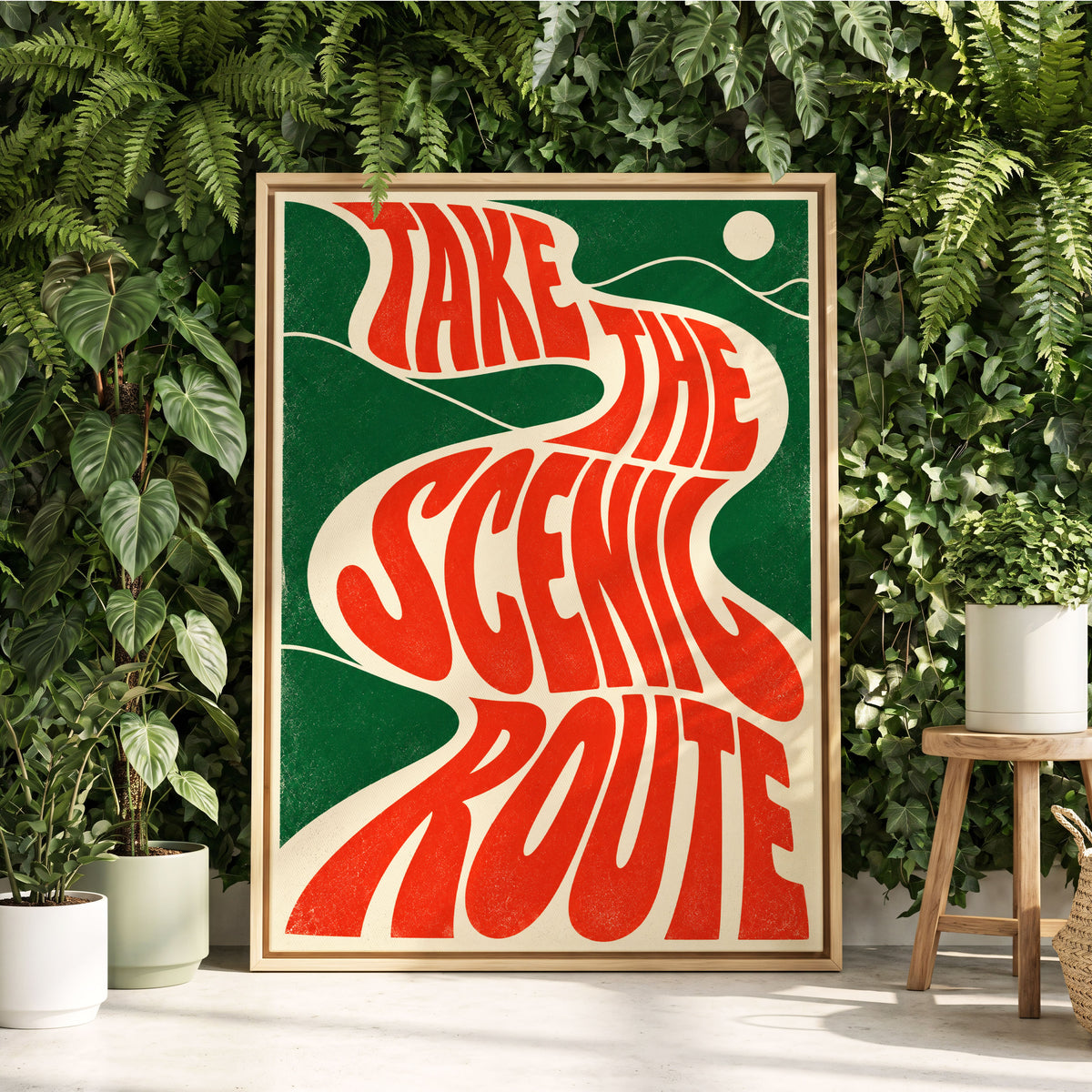 Scenic Route Rhythm, red, green, beige abstract wall art displayed in a styled interior, gallery view 2