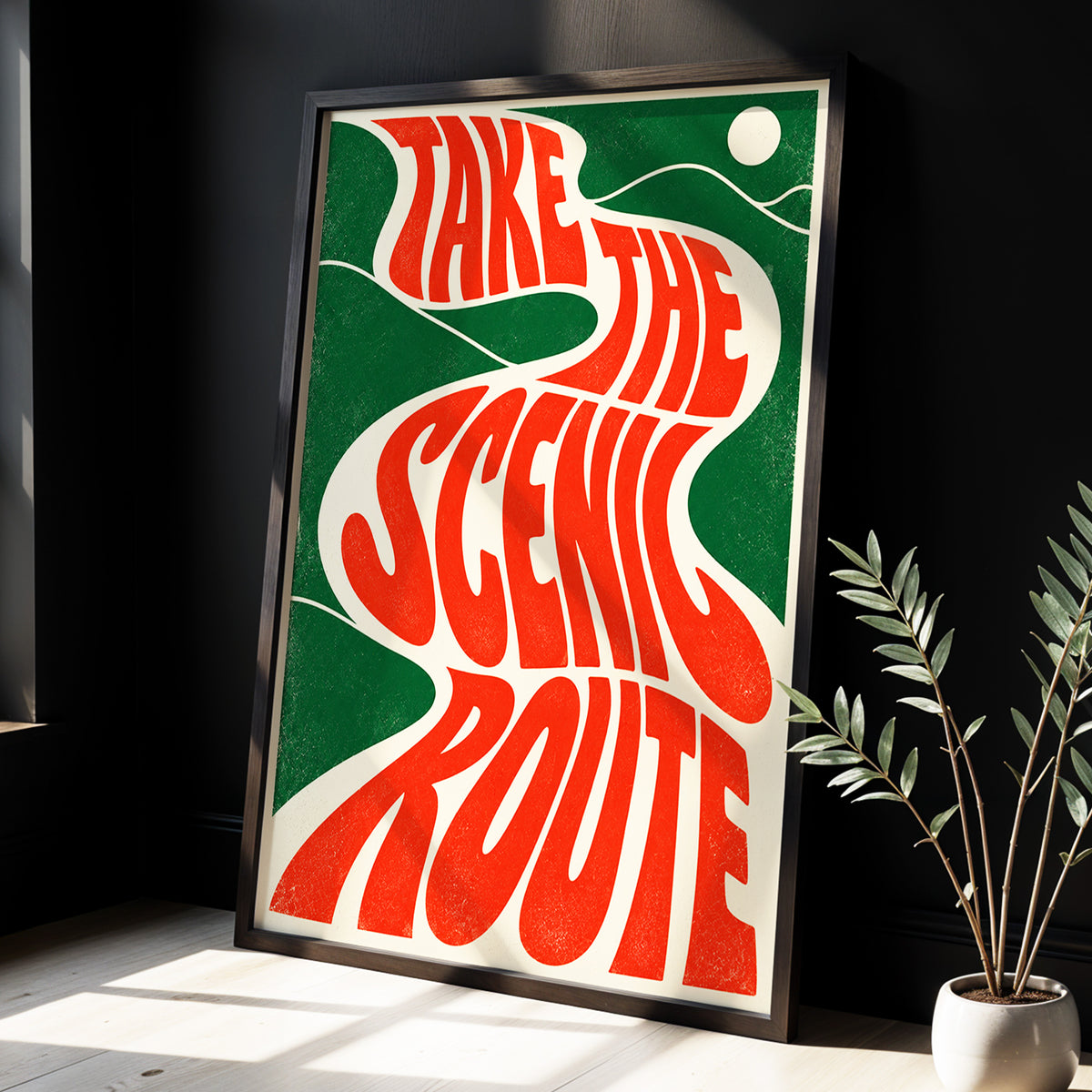 Scenic Route Rhythm, red, green, beige abstract wall art displayed in a styled interior, gallery view 3