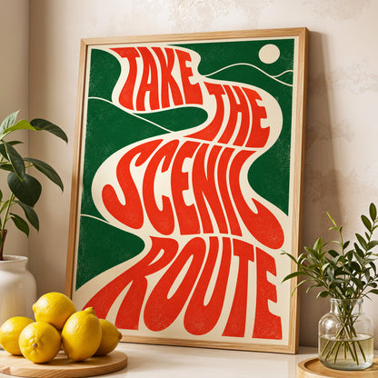 Scenic Route Rhythm, red, green, beige abstract wall art displayed in a styled interior, gallery view 4