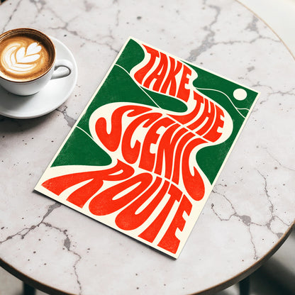Scenic Route Rhythm, red, green, beige abstract wall art displayed in a styled interior, gallery view 5
