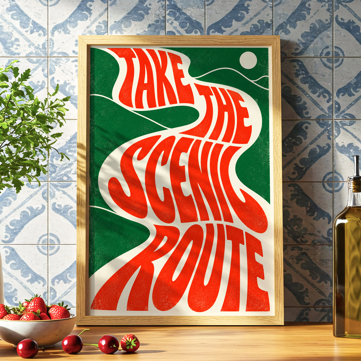 Scenic Route Rhythm, red, green, beige abstract wall art displayed in a styled interior, gallery view 6