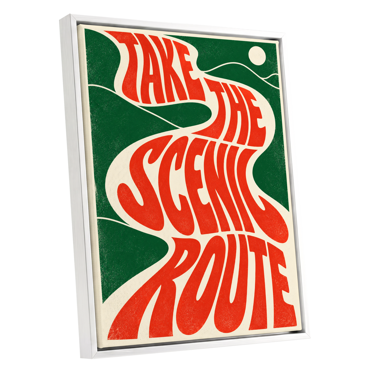 Scenic Route Rhythm, red, green, beige abstract wall art shown as a white framed canvas wall art
