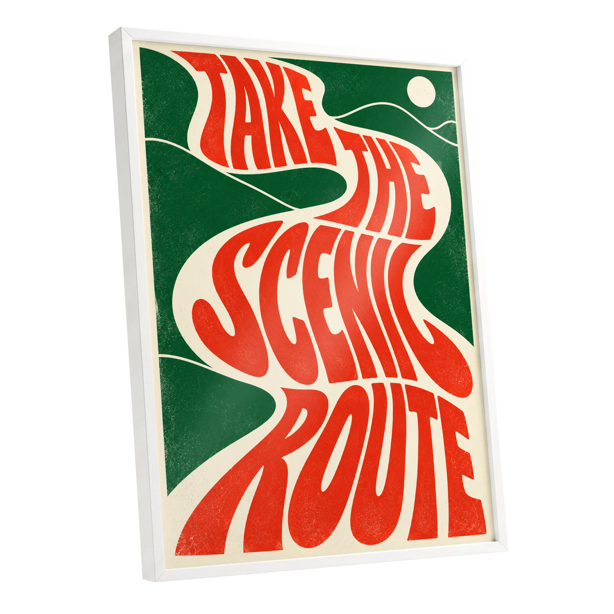 Scenic Route Rhythm, red, green, beige abstract wall art shown as a white framed poster wall art print