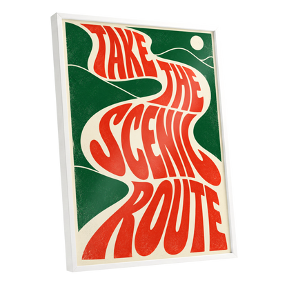 Scenic Route Rhythm, red, green, beige abstract wall art shown as a white framed poster wall art print
