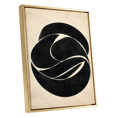 Sculpted Orbit, black, beige, gray abstract wall art shown as a gold framed canvas wall art