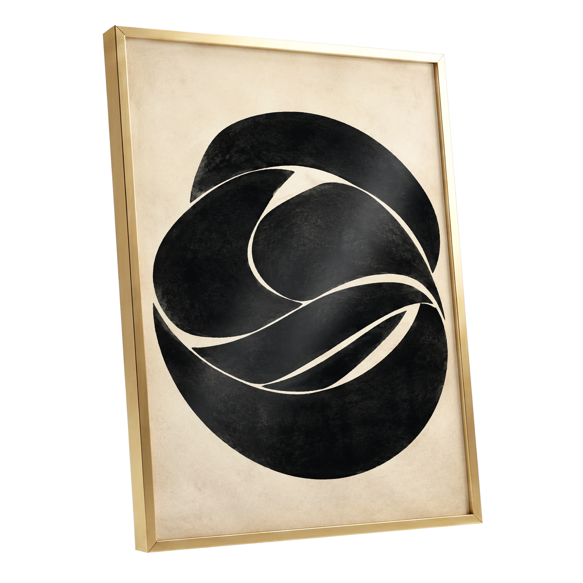 Sculpted Orbit, black, beige, gray abstract wall art shown as a gold framed poster wall art print