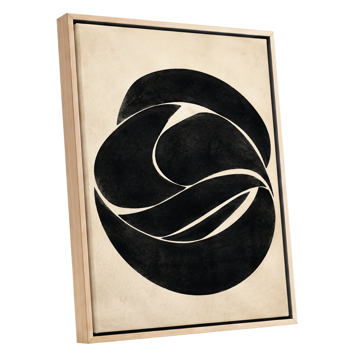 Sculpted Orbit, black, beige, gray abstract wall art shown as a oak framed canvas wall art