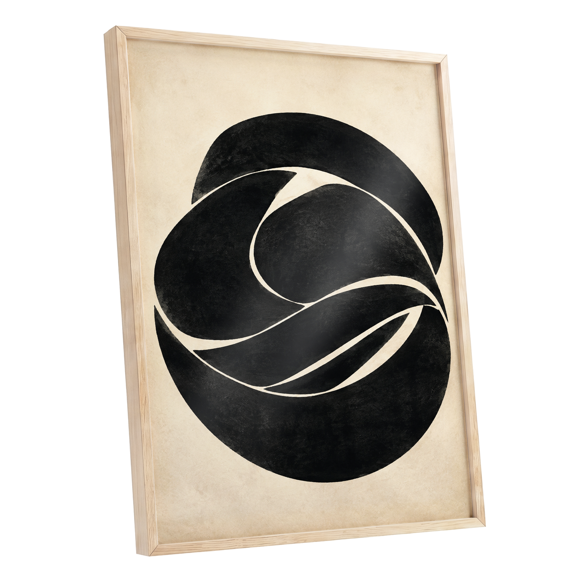 Sculpted Orbit, black, beige, gray abstract wall art shown as a oak framed poster wall art print