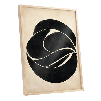 Sculpted Orbit, black, beige, gray abstract wall art shown as a oak framed poster wall art print