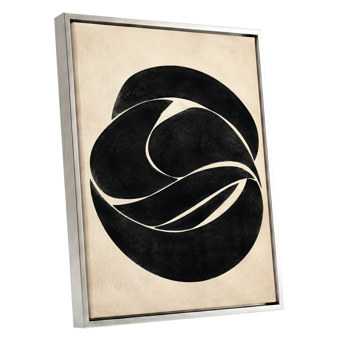 Sculpted Orbit, black, beige, gray abstract wall art shown as a silver framed canvas wall art