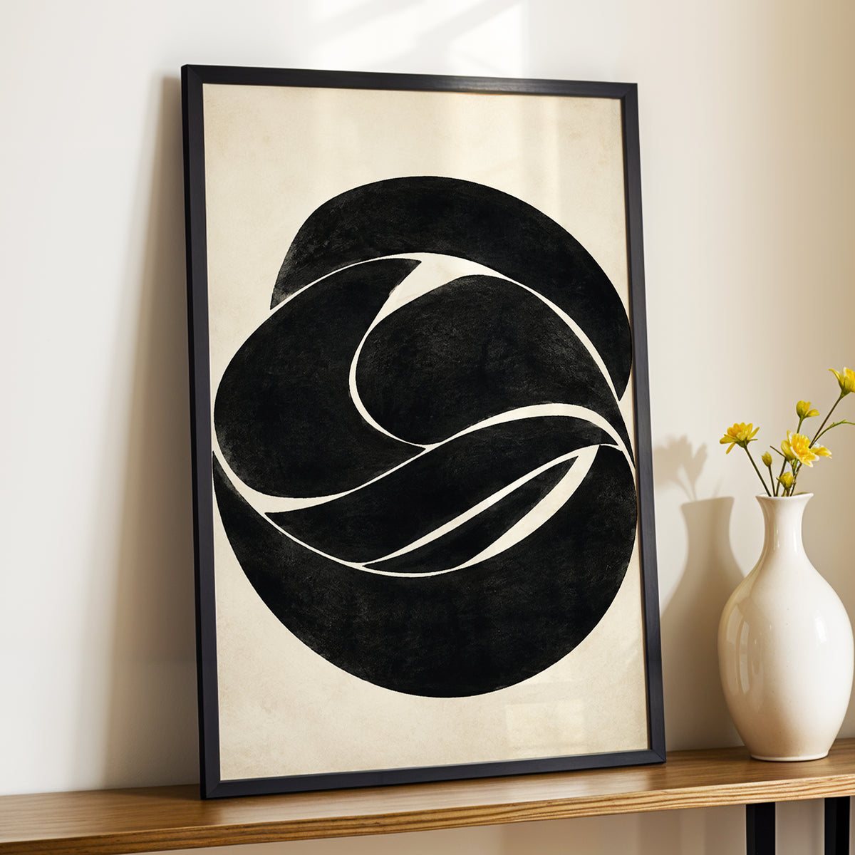 Sculpted Orbit, black, beige, gray abstract wall art displayed in a styled interior, gallery view 2