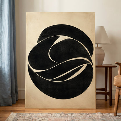 Sculpted Orbit, black, beige, gray abstract wall art displayed in a styled interior, gallery view 3