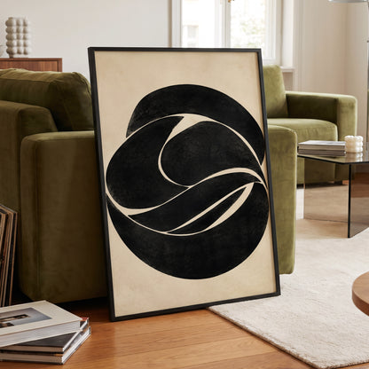 Sculpted Orbit, black, beige, gray abstract wall art displayed in a styled interior, gallery view 6