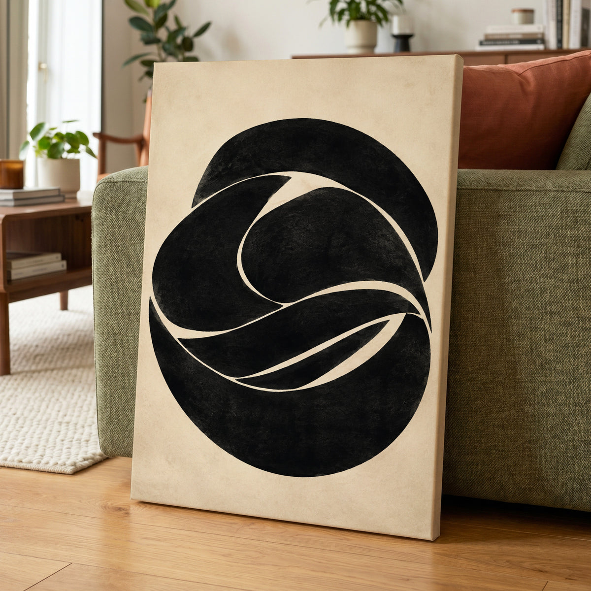 Sculpted Orbit, black, beige, gray abstract wall art displayed in a styled interior, gallery view 7