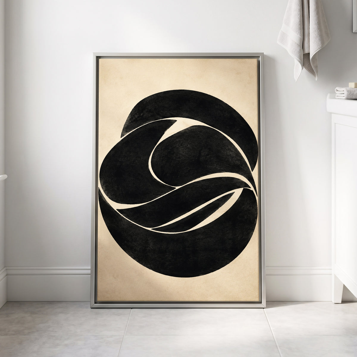 Sculpted Orbit, black, beige, gray abstract wall art displayed in a styled interior, gallery view 8