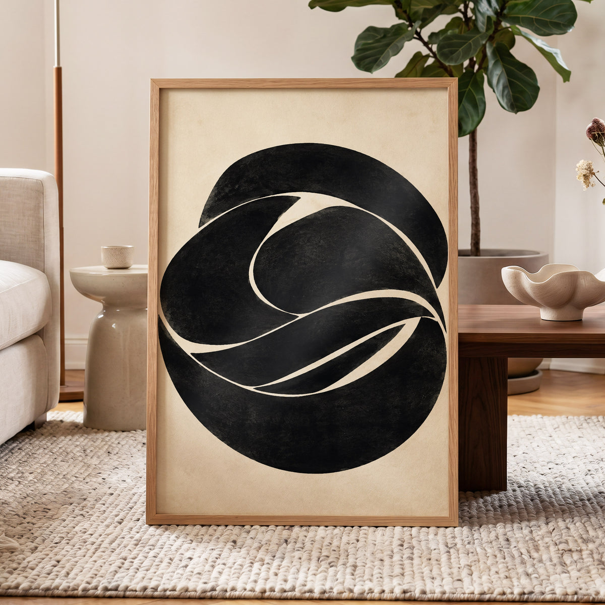 Sculpted Orbit, black, beige, gray abstract wall art displayed in a styled interior, gallery view 9