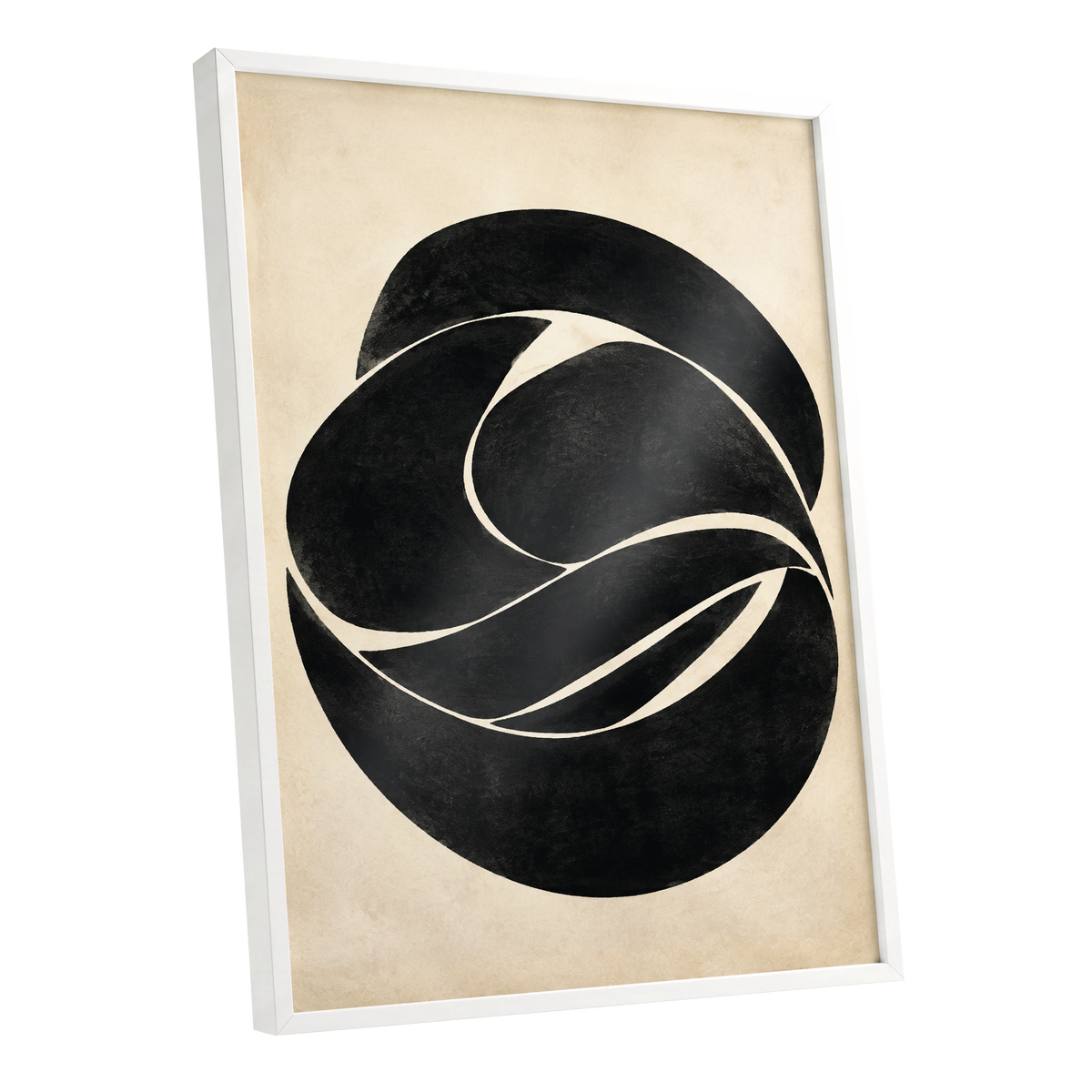 Sculpted Orbit, black, beige, gray abstract wall art shown as a white framed poster wall art print