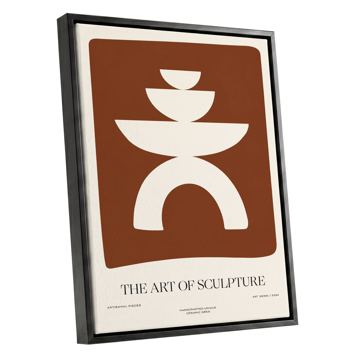 Sculptural Balance, brown, beige, white minimalist wall art shown as a black framed canvas wall art