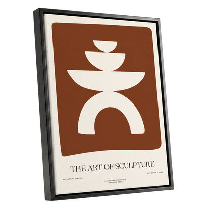 Sculptural Balance, brown, beige, white minimalist wall art shown as a black framed canvas wall art