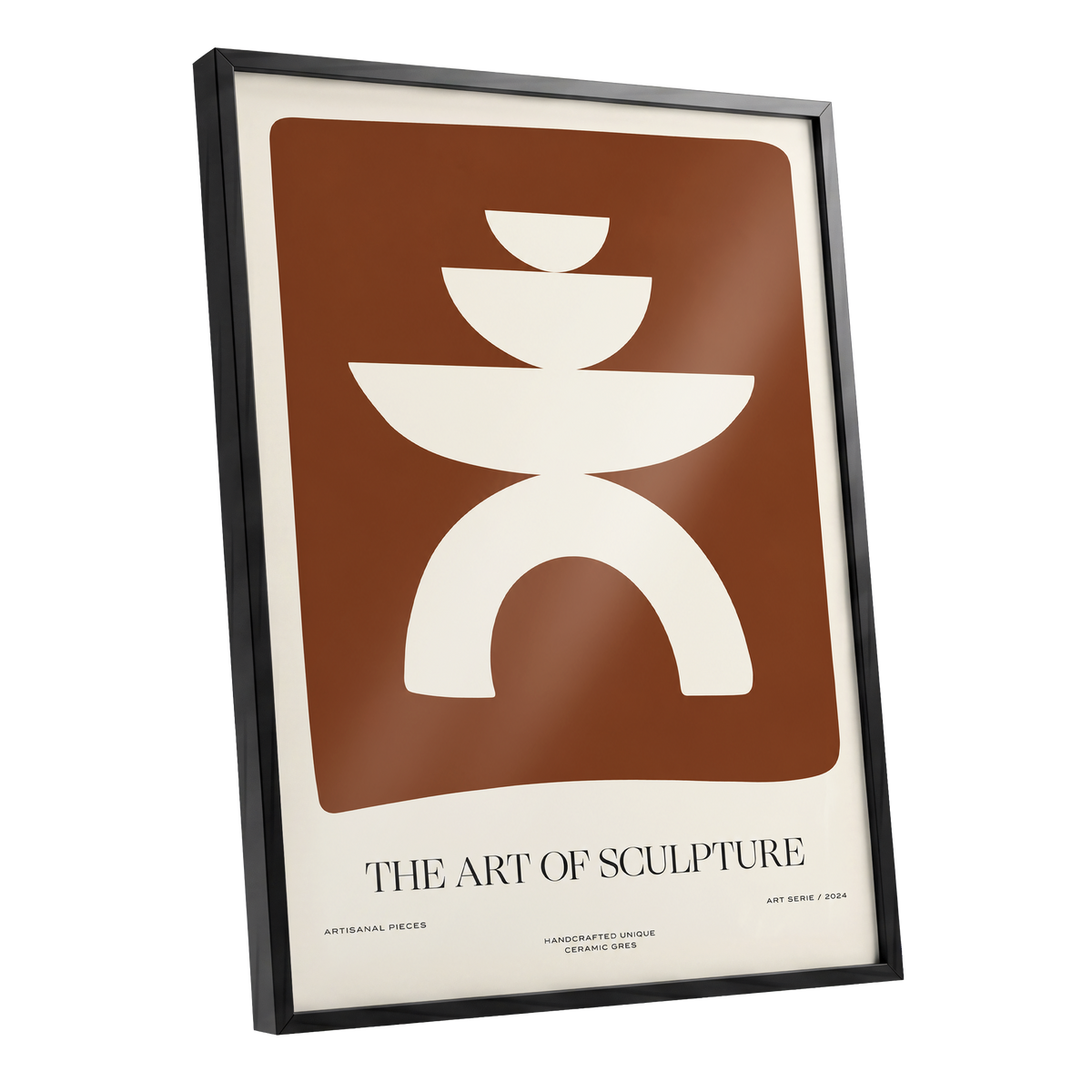 Sculptural Balance, brown, beige, white minimalist wall art shown as a black framed poster wall art print