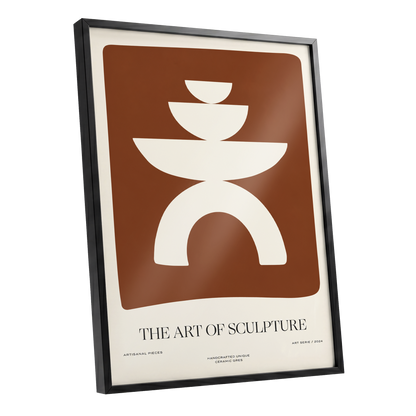 Sculptural Balance, brown, beige, white minimalist wall art shown as a black framed poster wall art print