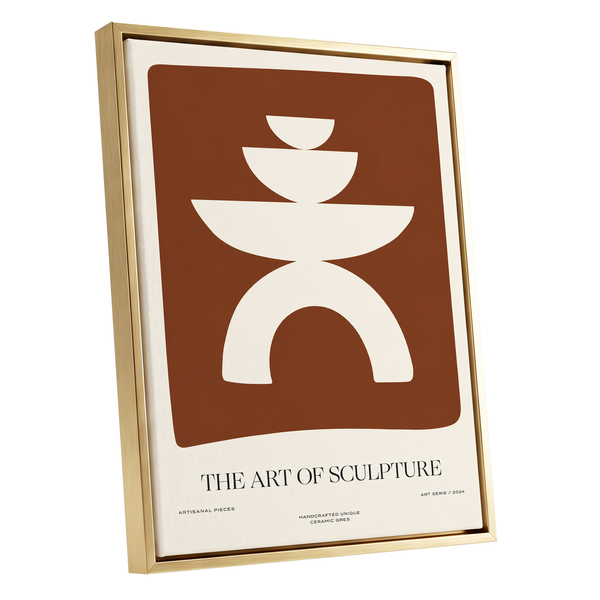 Sculptural Balance, brown, beige, white minimalist wall art shown as a gold framed canvas wall art