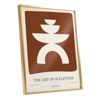 Sculptural Balance, brown, beige, white minimalist wall art shown as a gold framed poster wall art print