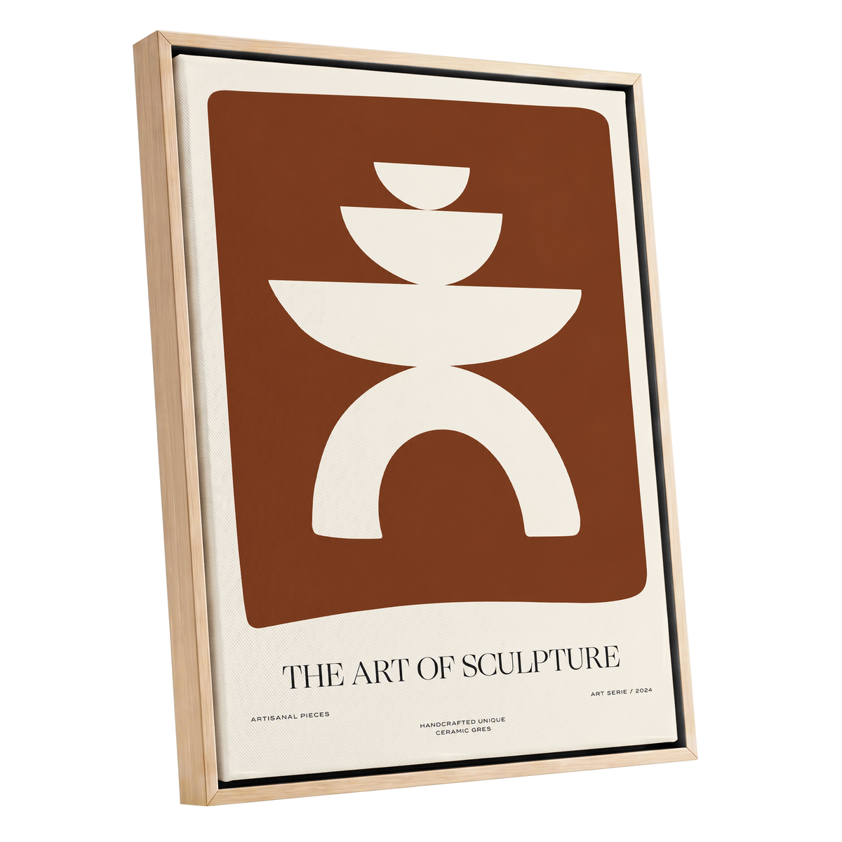 Sculptural Balance, brown, beige, white minimalist wall art shown as a oak framed canvas wall art